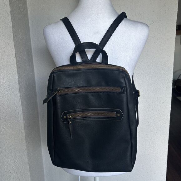 Vegan Leather Three Pocket Zipper Backpack Medium Sized With Adjustable Straps - Picture 1 of 12